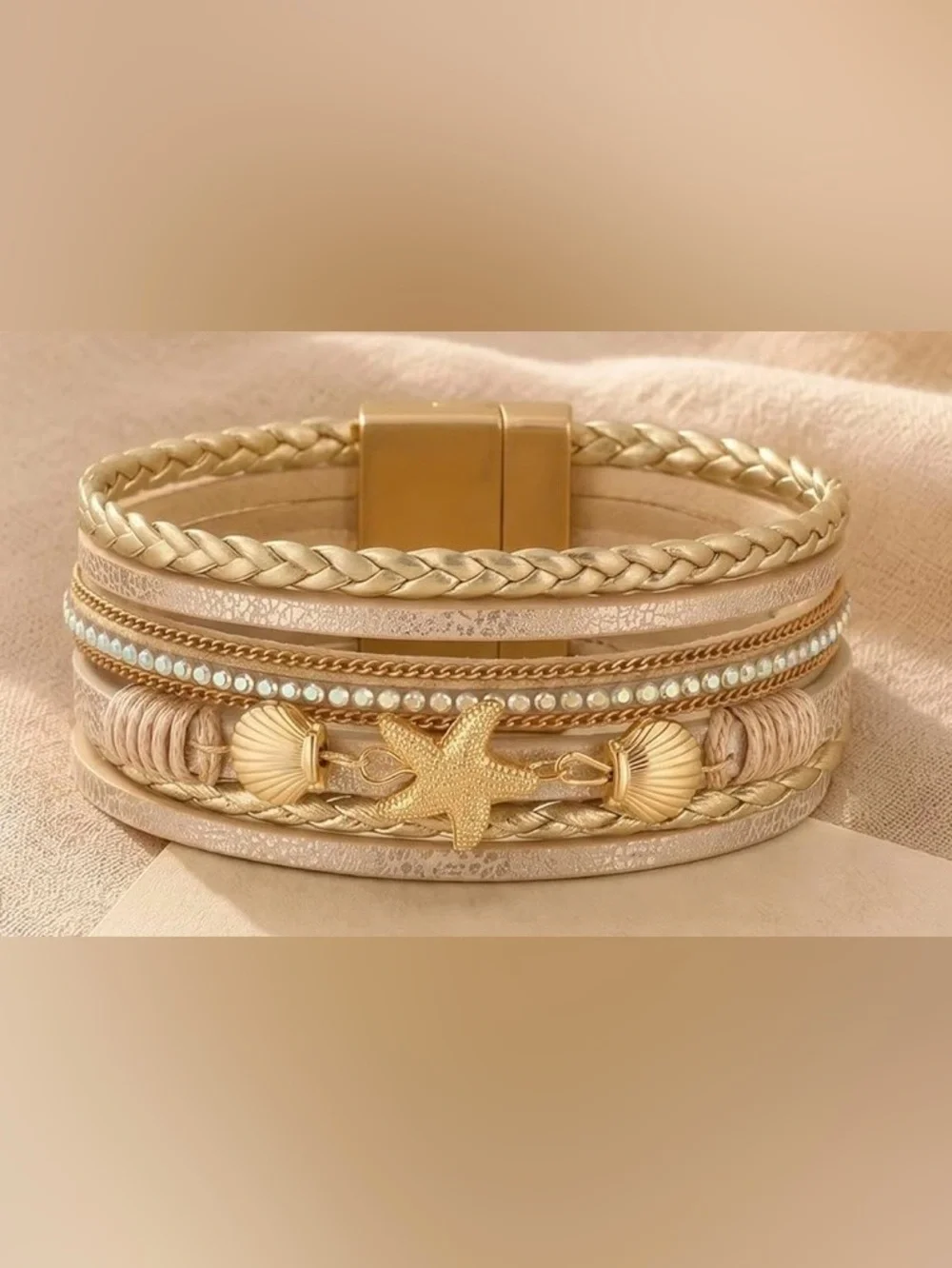 Anthropologie Gold and Blush Shell & Starfish Wrap Bracelet
